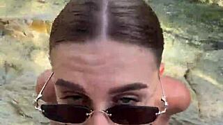 Blonde beach babe deepthroats stranger unloads cum on face tits