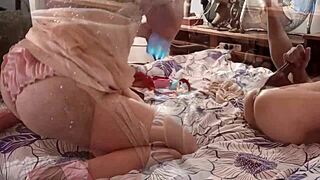 french amateur in red satin bra thong stockings heels rims deepthroats pussy fucks cumshots