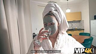 Slutty teen debtor rams tight pussy and asshole on massive cock to settle debt