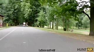 Cuckold watches petite Czech teen fuck for cash in public park