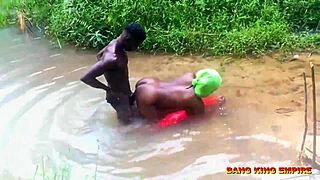 hardcore doggy pounding by the stream ends with massive creampie loads