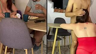 real homemade mature and young share breakfast casually at the table