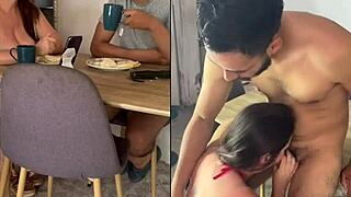 real homemade mature and young share breakfast casually at the table