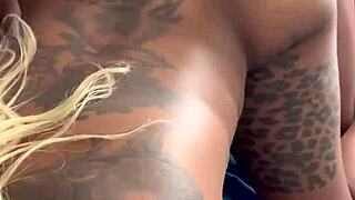 Blonde babe bends over big black cock for creampie doggystyle