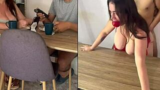 real homemade mature and young share breakfast casually at the table