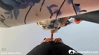 Upskirt view of girlfriend pleasuring wet pussy with vibrator outdoors