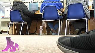 Wife's Candid Nylon Sock Shoeplay in Library
