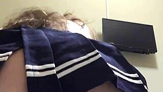 Russian Brunette Fingers Juicy Pussy Sucks Dildo Reverse Cowgirl Close-Up Short Skirt Small Tits Cum Mouth