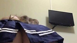 Russian Brunette Fingers Juicy Pussy Sucks Dildo Reverse Cowgirl Close-Up Short Skirt Small Tits Cum Mouth