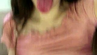 Russian Brunette Fingers Juicy Pussy Sucks Dildo Reverse Cowgirl Close-Up Short Skirt Small Tits Cum Mouth