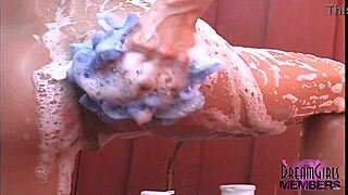 hot brunette shaves smooth asshole in steamy outdoor shower solo