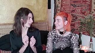 Hot lesbians cuff up for kinky strapon play