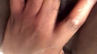 hey watch this sexy ebony babe dirty talk her hairy pussy to creamy cum riding dildo