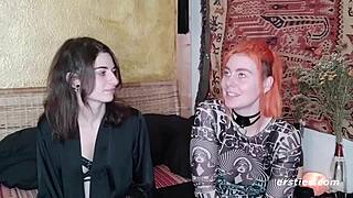 Hot lesbians cuff up for kinky strapon play