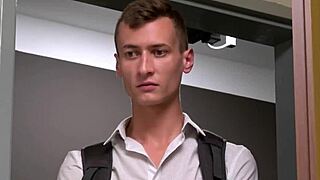 Hot 18+ teen catches guy stroking monster cock and deepthroats him for cumshot blowjob!