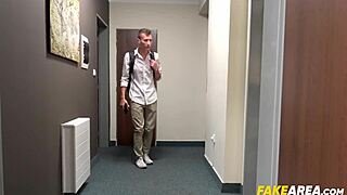 Hot 18+ teen catches guy stroking monster cock and deepthroats him for cumshot blowjob!