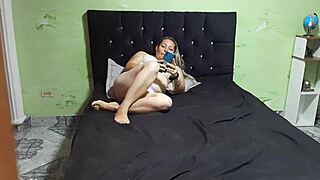 Spying on horny Latina milf madrastra masturbating shaved pussy then licking it