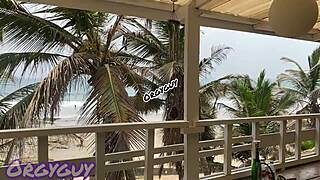 Thrilled ebony wife bares pussy beach house flash