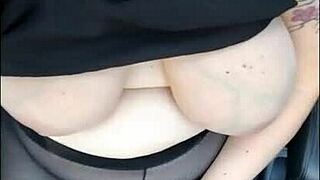 Madrasta Oils Up Big Tits and Ass Flashes Miniskirt in Moving Car on Holiday Street