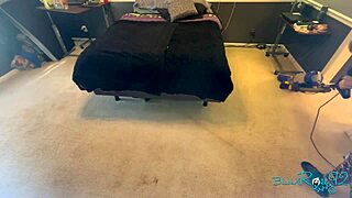 Brunette milf housewife vacuums bedroom in tight skirt showing natural tits