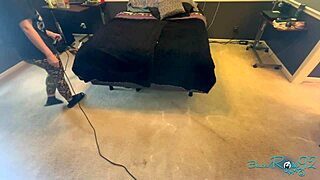 Brunette milf housewife vacuums bedroom in tight skirt showing natural tits