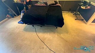 Brunette milf housewife vacuums bedroom in tight skirt showing natural tits