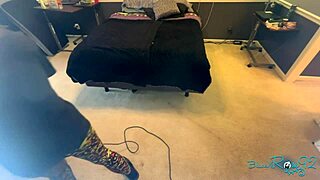 Brunette milf housewife vacuums bedroom in tight skirt showing natural tits