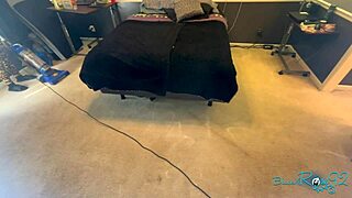 Brunette milf housewife vacuums bedroom in tight skirt showing natural tits