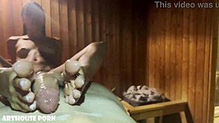 hey check this petite latina's oily footjob in steamy sauna