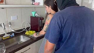 while cooking my friend sneaks up with his bbc for bareback surprise