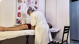 patient gets rock hard erection in front of hot nurse exam... she notices!!