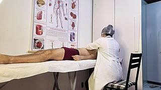 patient gets rock hard erection in front of hot nurse exam... she notices!!