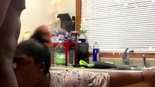 Homemade Kitchen Quickie with Horny Milf's Wet Shaved Pussy