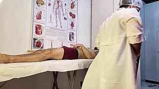 patient gets rock hard erection in front of hot nurse exam... she notices!!