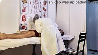 patient gets rock hard erection in front of hot nurse exam... she notices!!
