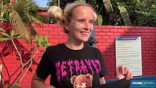 Blonde pigtail babe Lolipop rides Mark Pirson's monster cock poolside rough