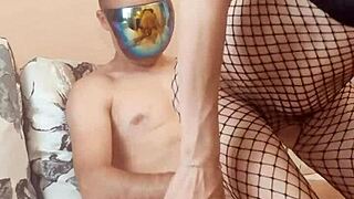 Skinny wife poses in stockings bodysuit at home