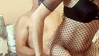 Skinny wife poses in stockings bodysuit at home