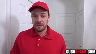 cuck hubby's eyes pop watchin wife get pounded by pizza delivery dude