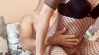 Skinny wife poses in stockings bodysuit at home