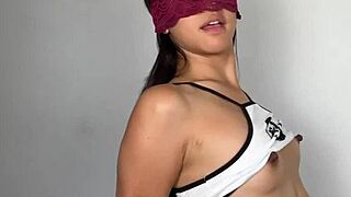 Skinny Asian slut teases small tits then takes massive cumshot on chest