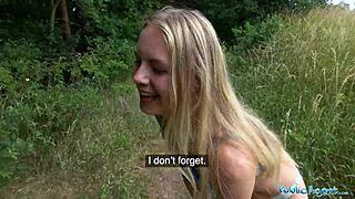 horny petite blonde's tight pussy and ass banged hard outdoors for cash in forest doggystyle cowgirl!