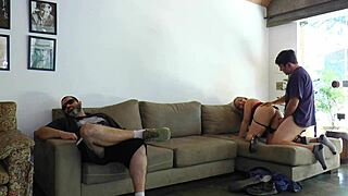 Unfaithful Wife Rides Friend Beside Cuckold Husband.