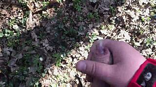 i tease my shaved pussy outdoors while he strokes his cock watching me cum