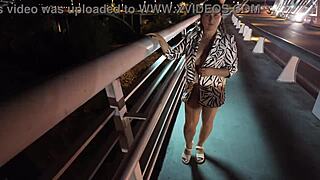 hey check this busty milf strutting braless on the bridge no panties flashing pussy