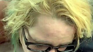 Pretty glasses hooker sucks cum deep in public car blowjob