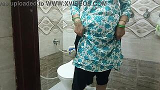 naughty stepmom rides stepson's cock cowgirl style while dirty talking in the toilet