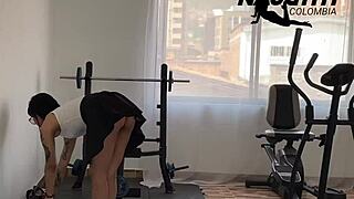 skinny colombian gym tease strips down for deepthroat workout on huge cock