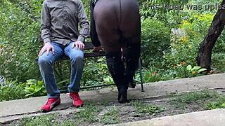 Step son hides in bushes watching stepmom finger her pussy in public park she spreads wide for outdoor thrill