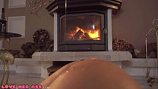 big tits babe in black panties gets her huge ass fucked gently by fireplace